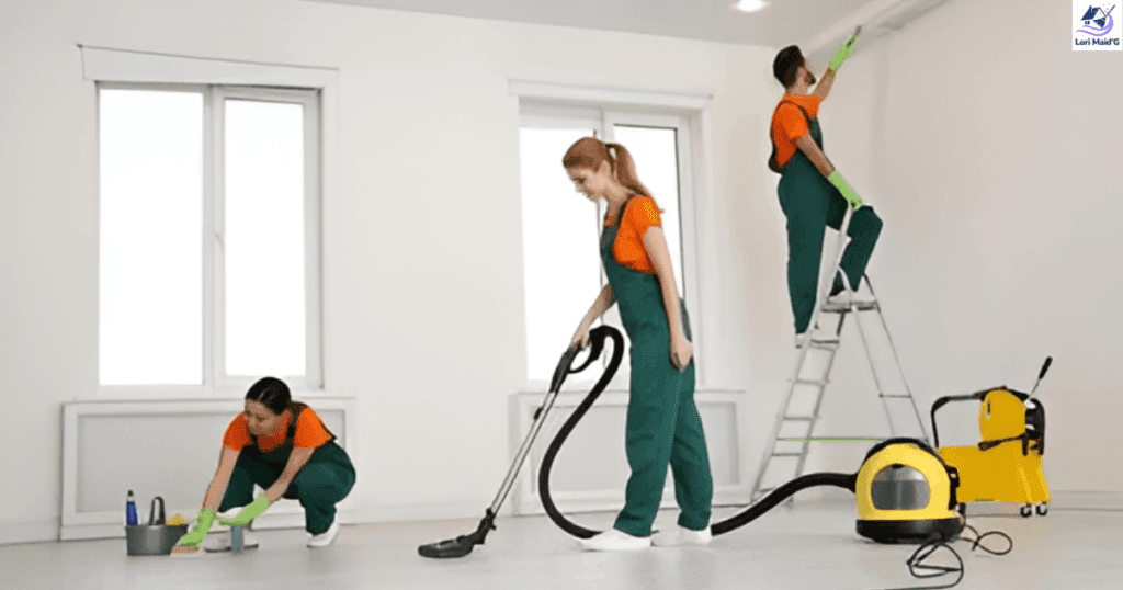 A team of house cleaners cleaning an empty room.