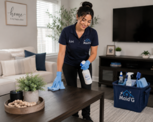 Biweekly house cleaning with professional cleaner dusting furniture