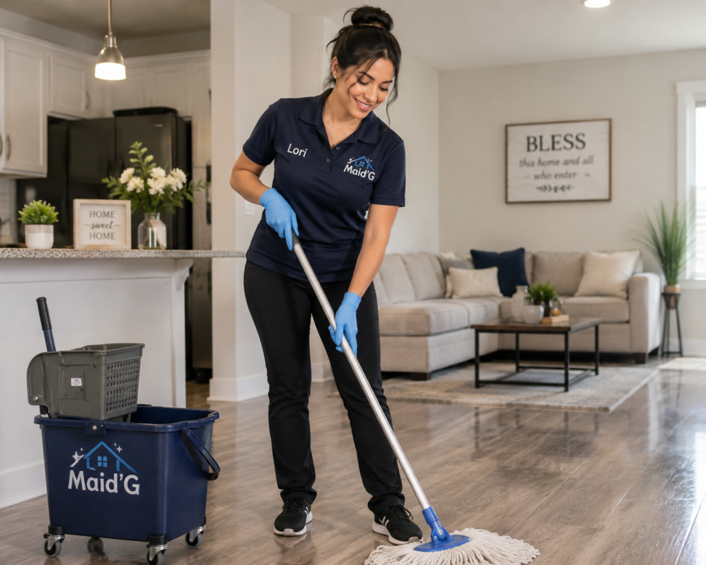 Professional cleaner mopping the floor during routine cleaning service