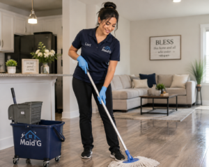 Professional cleaner mopping the floor during routine cleaning service