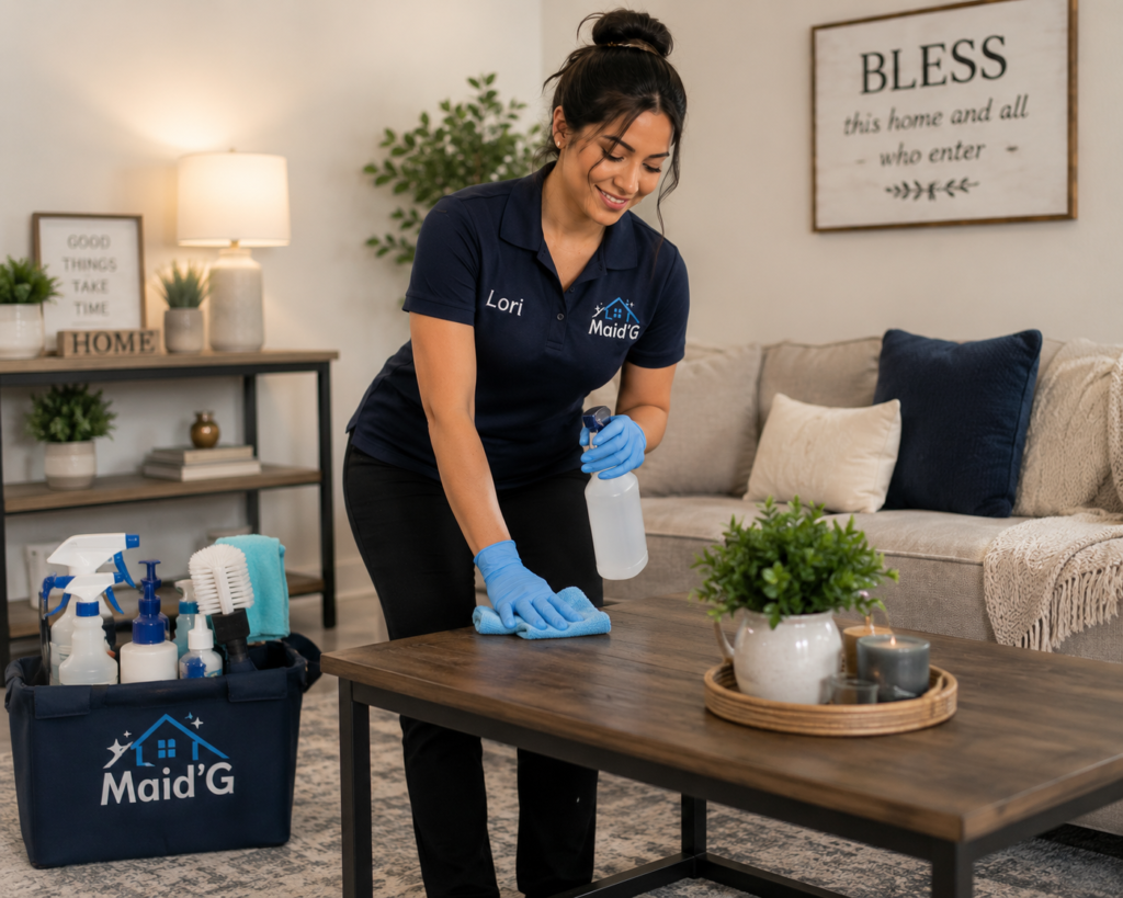 House Cleaning Services New Berlin – professional cleaner dusting living room furniture